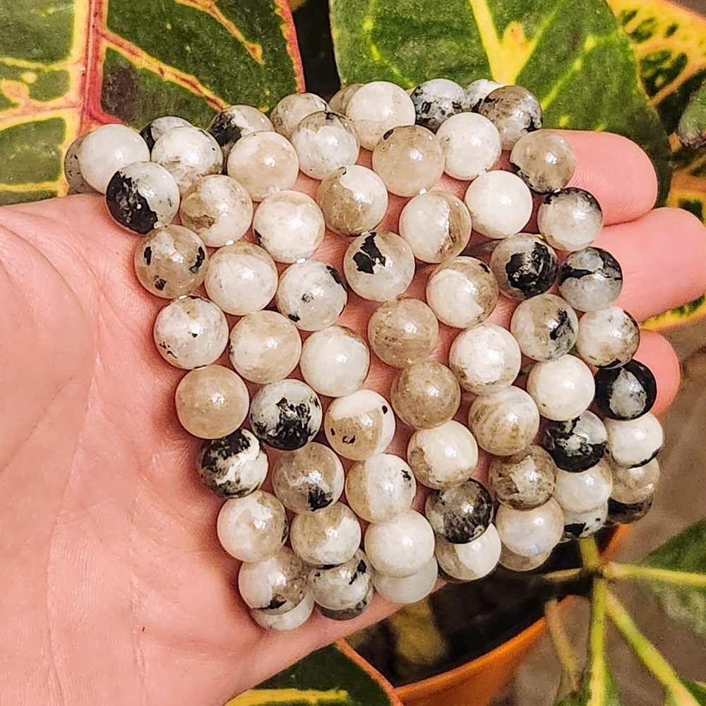 Rainbow Moonstone and Smokey Quartz 10mm Beaded Crystal Stretch Bracelet - Picture 2 of 4